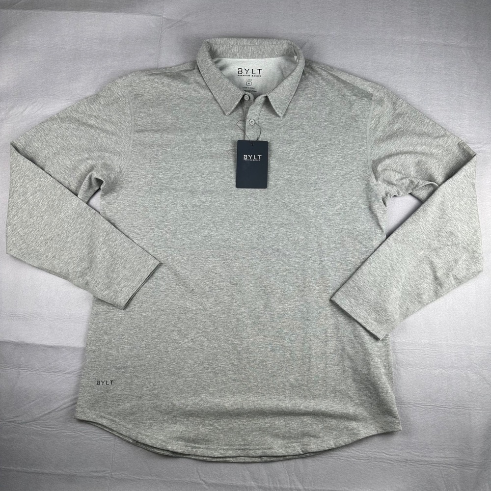 BYLT Premium Basics Lux Polo Mens XL Heather Grey Drop-Cut Long Sleeve NEW